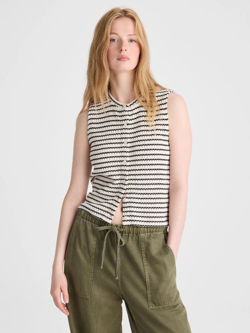 Madewell Cream/Black Striped Button-Down Textured Tuck Stitch Shell Top S NWOT - Picture 1 of 6